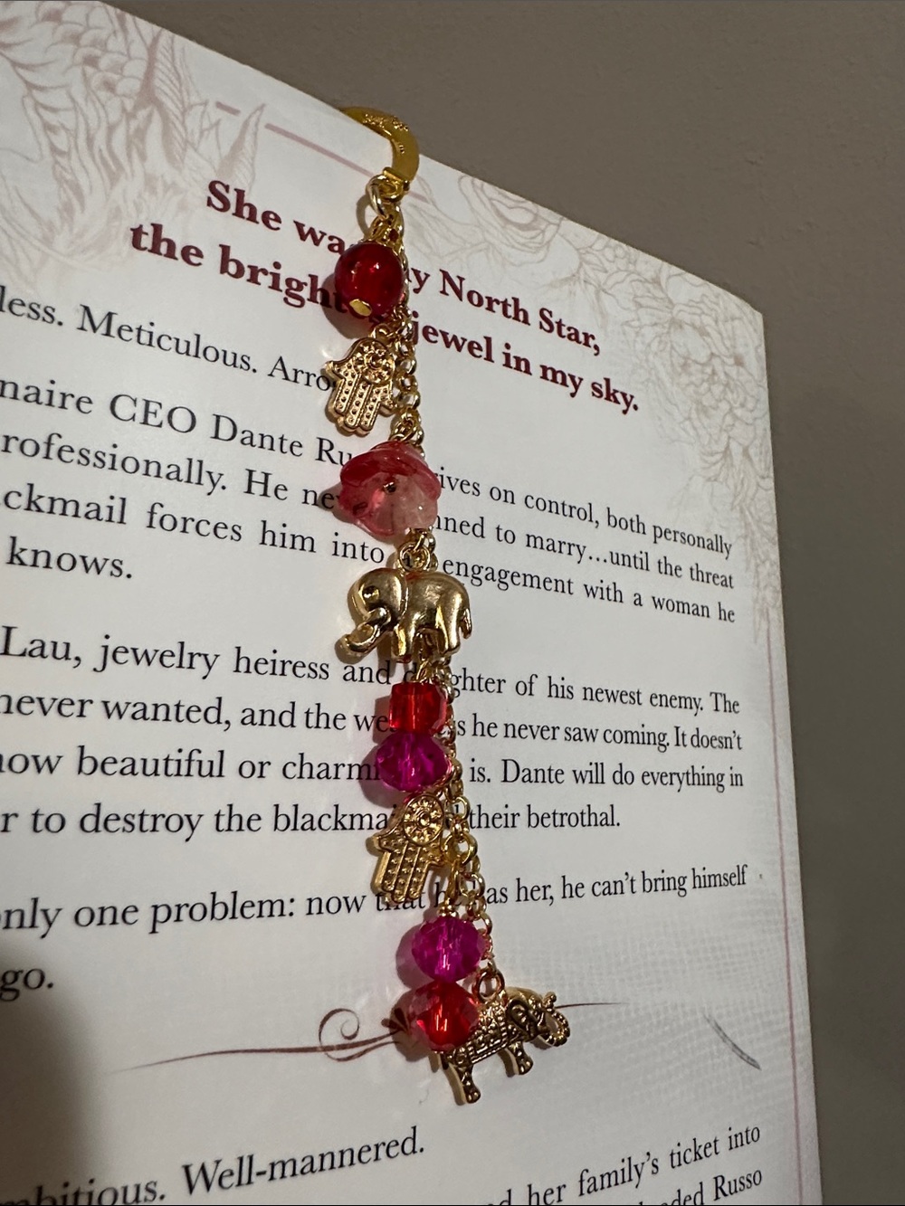 Gold Elephant Charm Bookmark with Red and Pink Beads - Picture 2 of 4
